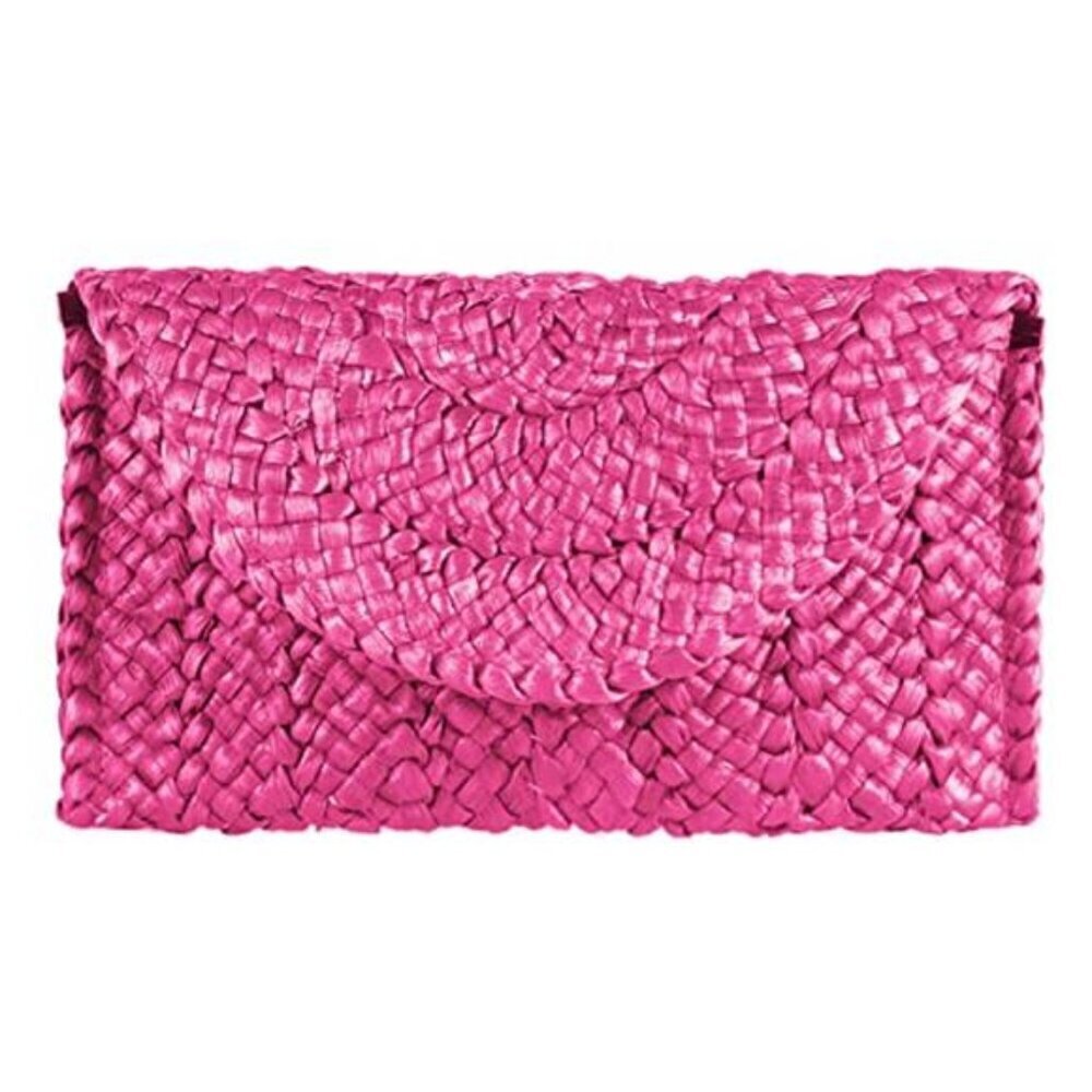 Women Pink Straw Clutch Bag Envelope Summer Beach Purse